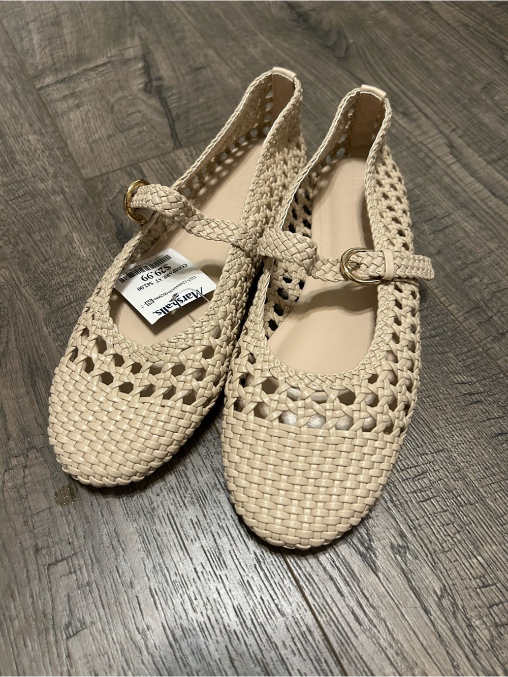 Woven Mary Jane Flats in Cream with Buckle Strap